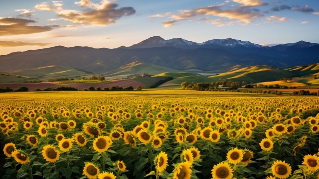 広大な山々の麓に咲き誇るヒマワリ