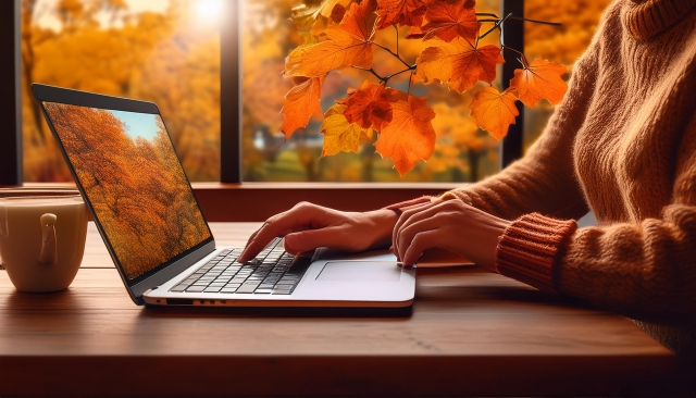 紅葉のカフェで作業