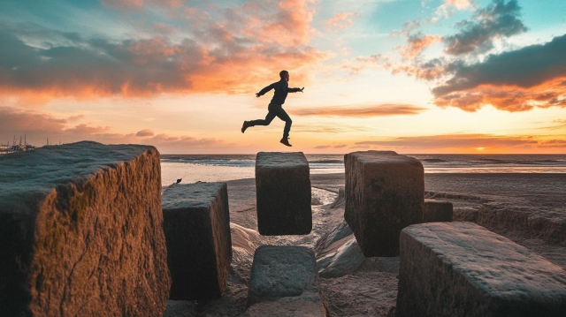 夕暮れに跳ぶ影