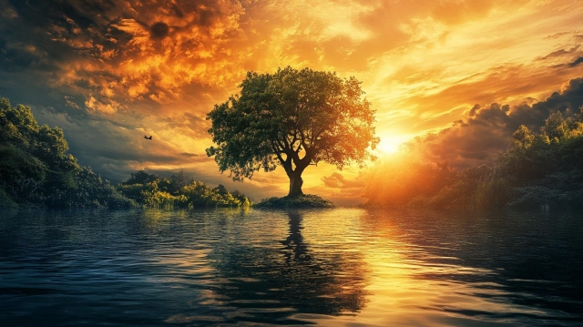 孤島に佇む夕焼けの樹