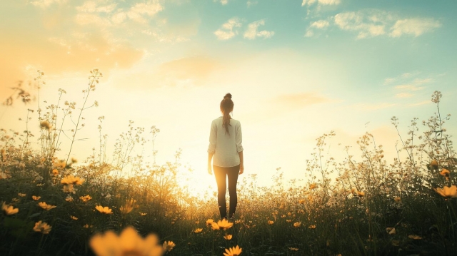 朝日に包まれる花畑