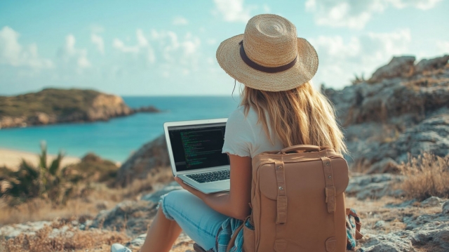 海岸でパソコンを開いてる人