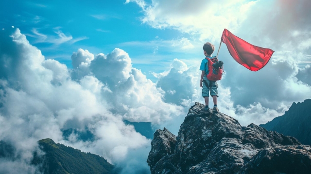 頂を目指す赤い旗