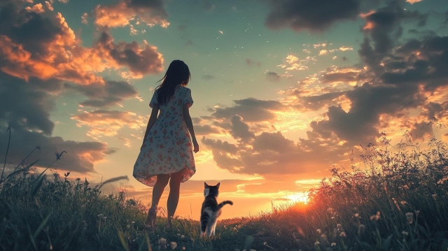 夕暮れ時の猫と少女