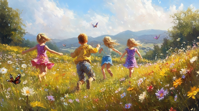 春の野原で遊ぶ子供たち