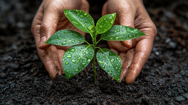 小さな苗を植える手元のアップ