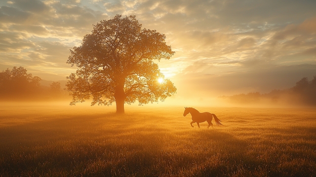 草原で駆ける野生馬