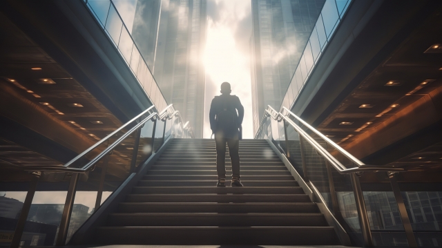 階段を登ってる人