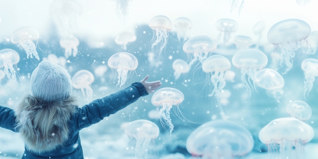 手を広げた少女とクラゲの群れ