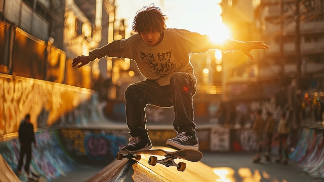 スケートボードで街を滑る若者