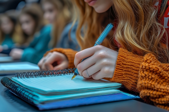 ノートに書き込む女性の手元