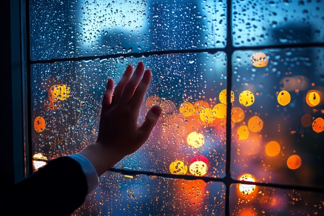 窓越しの手と雨の街