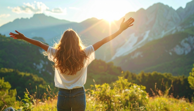 喜ぶ女性の後ろ姿