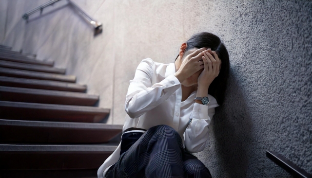 段に座る疲れ果てたビジネスウーマン