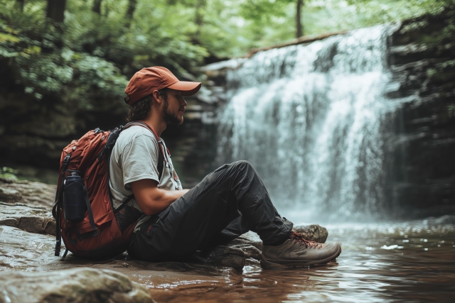 滝のそばで休憩するアウトドア愛好家