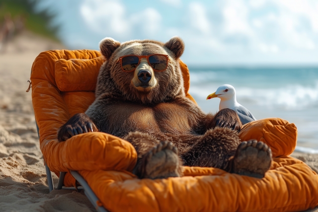 ビーチチェアでカモメとくつろぐクマ