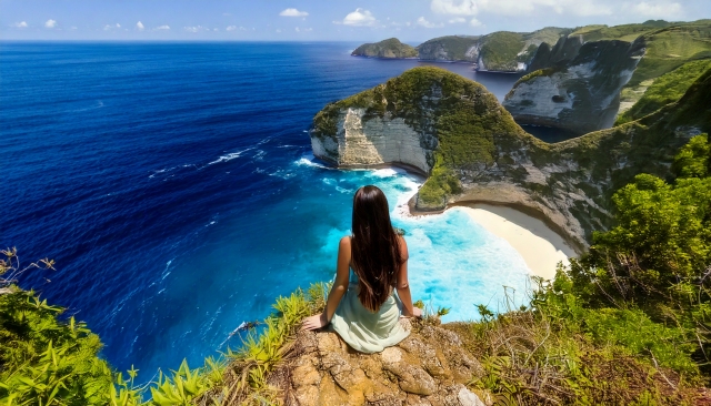 美しい風景に見ほれる女性の後ろ姿