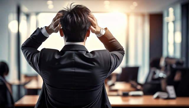 頭を抱えるスーツの男性