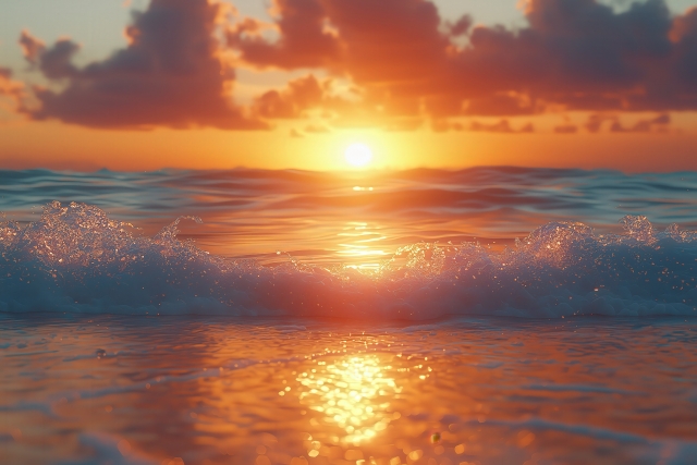 夕日と波の輝く海