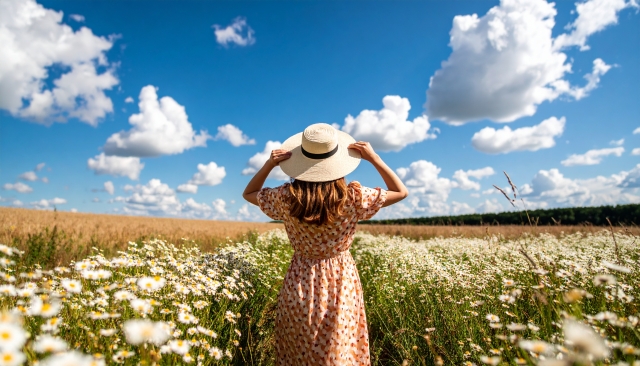 夏空の下、帽子と女性