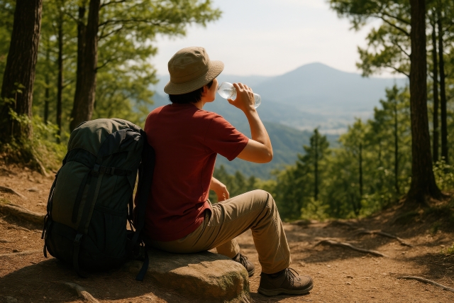 山道で休憩するキャンパー