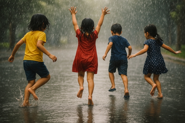 雨の中ではしゃぐ子どもたち
