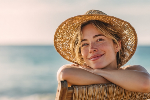 ビーチで微笑む麦わら帽子の女性