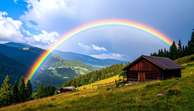 雨上がりの青空にかかる鮮やかな虹
