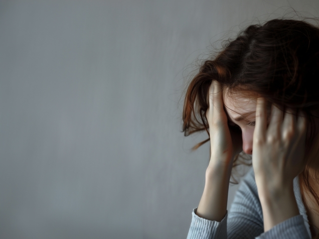 頭を抱えてる女性