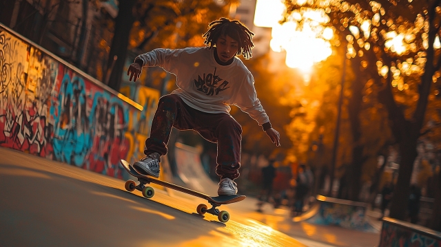 スケートボードで街を滑る若者