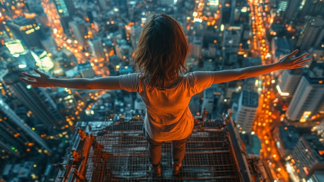 屋上で手を広げてる女性