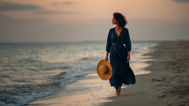 穏やかな海辺を歩く女性