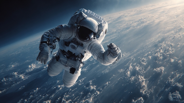 広大な宇宙に一人佇む宇宙飛行士