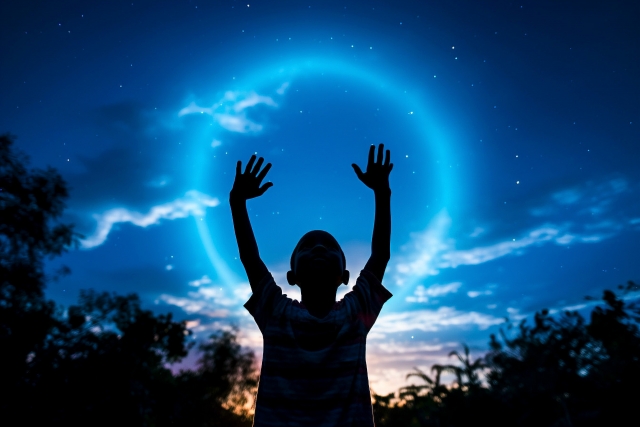 手をあげてる少年