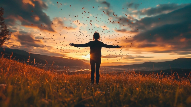 両手を広げて自由を謳歌する女性