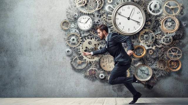 時計をバックに走ってる人