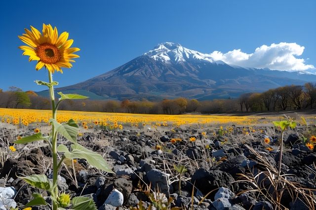 ひまわり畑と青空の風景