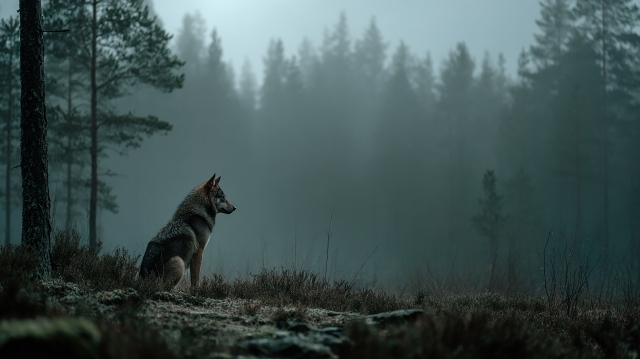 霧深い森のオオカミ