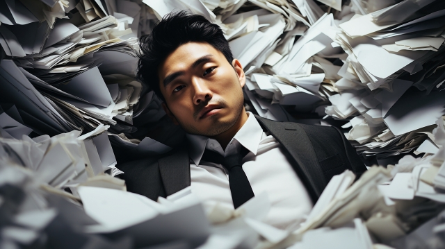 書類に埋もれてる人