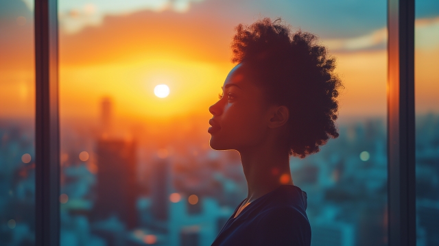 夕日を眺める少女