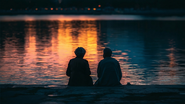 池の前に座ってる人たち