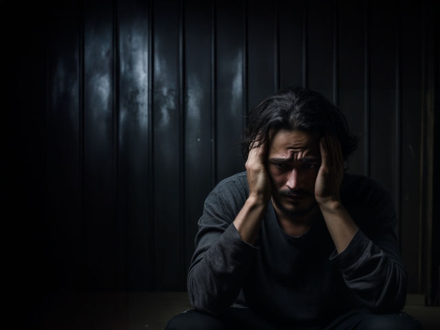 頭を抱えてる男性