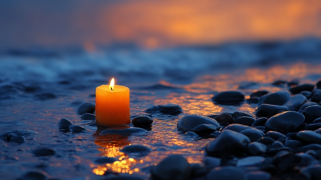 濡れた石の上に立つオレンジの灯り