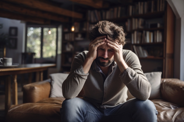 頭を抱えてる男性